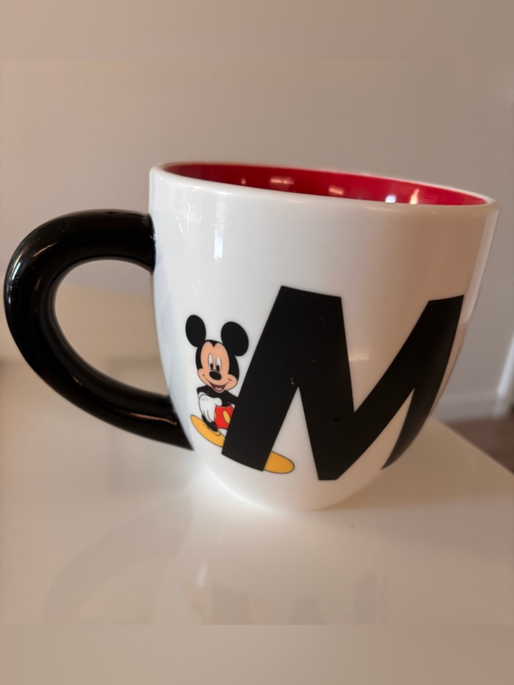 Disney Mickey Mouse White Ceramic Mug with Black Handle and Red Interior
